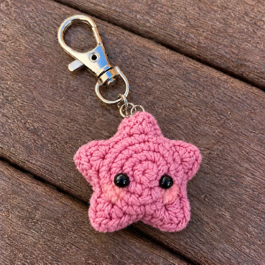Porte-clés étoile rose au crochet.webp