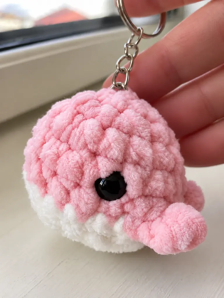 Porte-clés baleine rose en crochet.webp