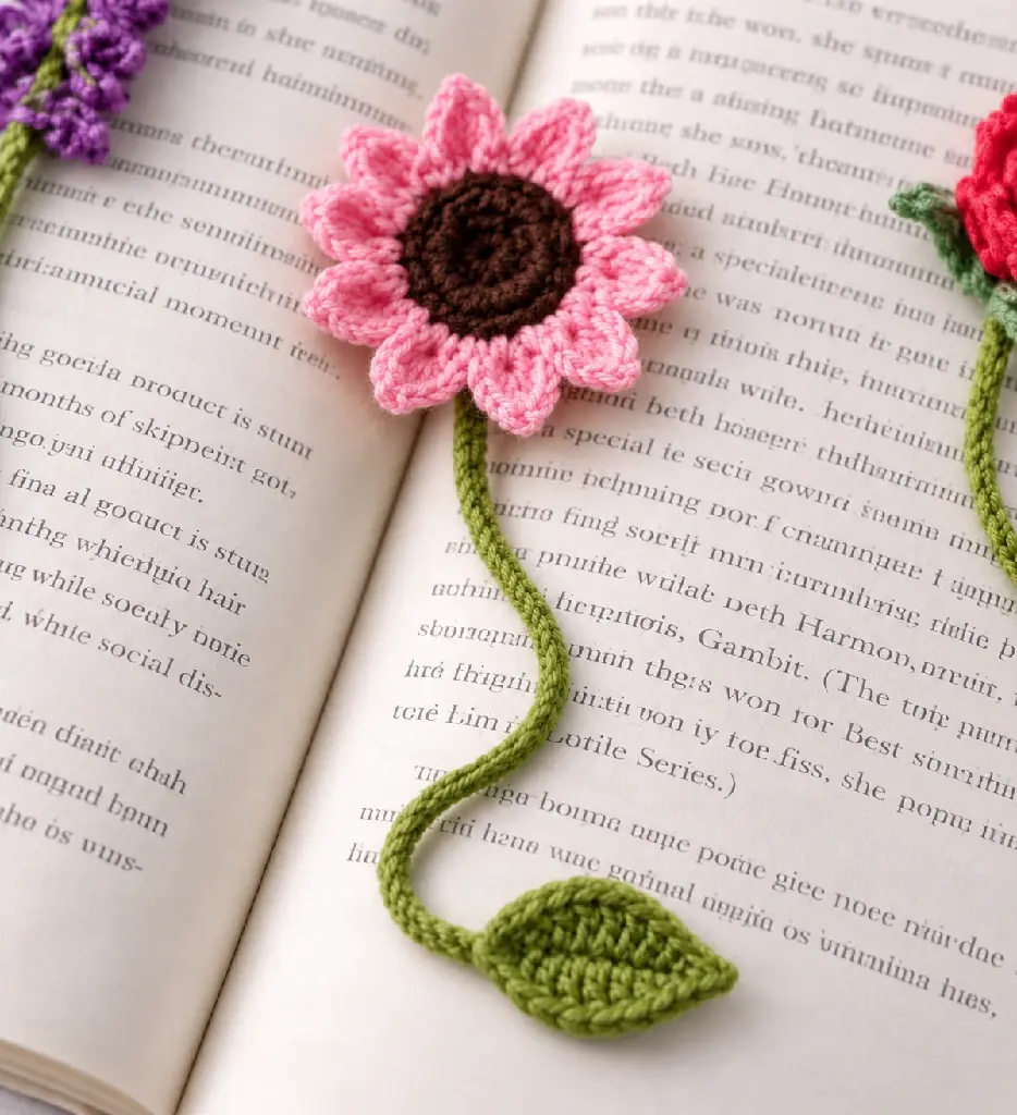 Marque-page tournesol au crochet sur livre ouvert.webp
